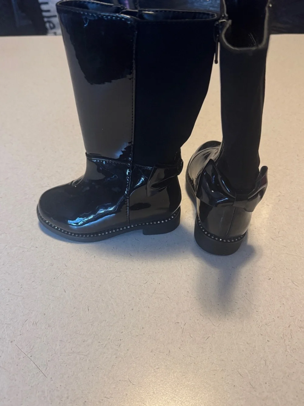 Place Girls Black Patent Tall Boots with Back Bow